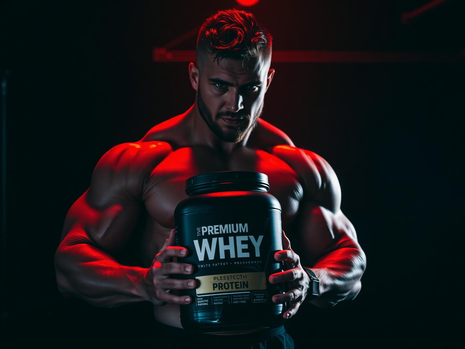 Atleta segurando pote de whey protein premium